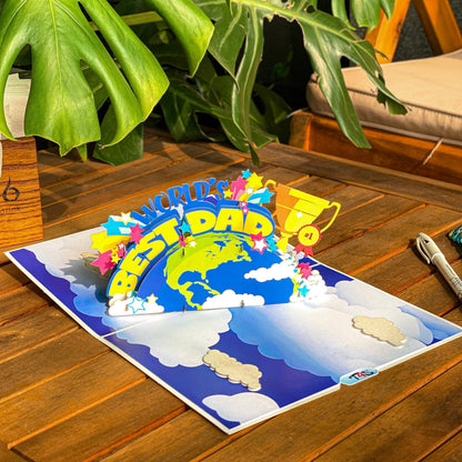 World's Best Dad Pop Up Card Colorful 3D Earth, Trophy, and Stars Design Fun Father's Day, Birthday Greeting Card for Dad, Stepdad, Grandpa, Kids to Father Gift, Appreciation or Celebration