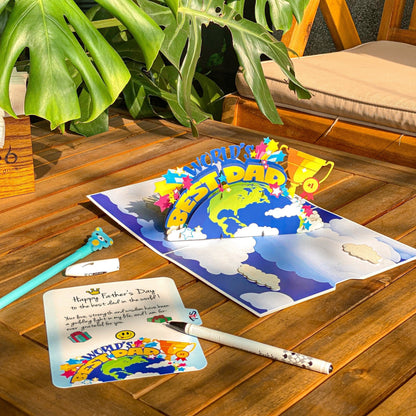 World's Best Dad Pop Up Card Colorful 3D Earth, Trophy, and Stars Design Fun Father's Day, Birthday Greeting Card for Dad, Stepdad, Grandpa, Kids to Father Gift, Appreciation or Celebration