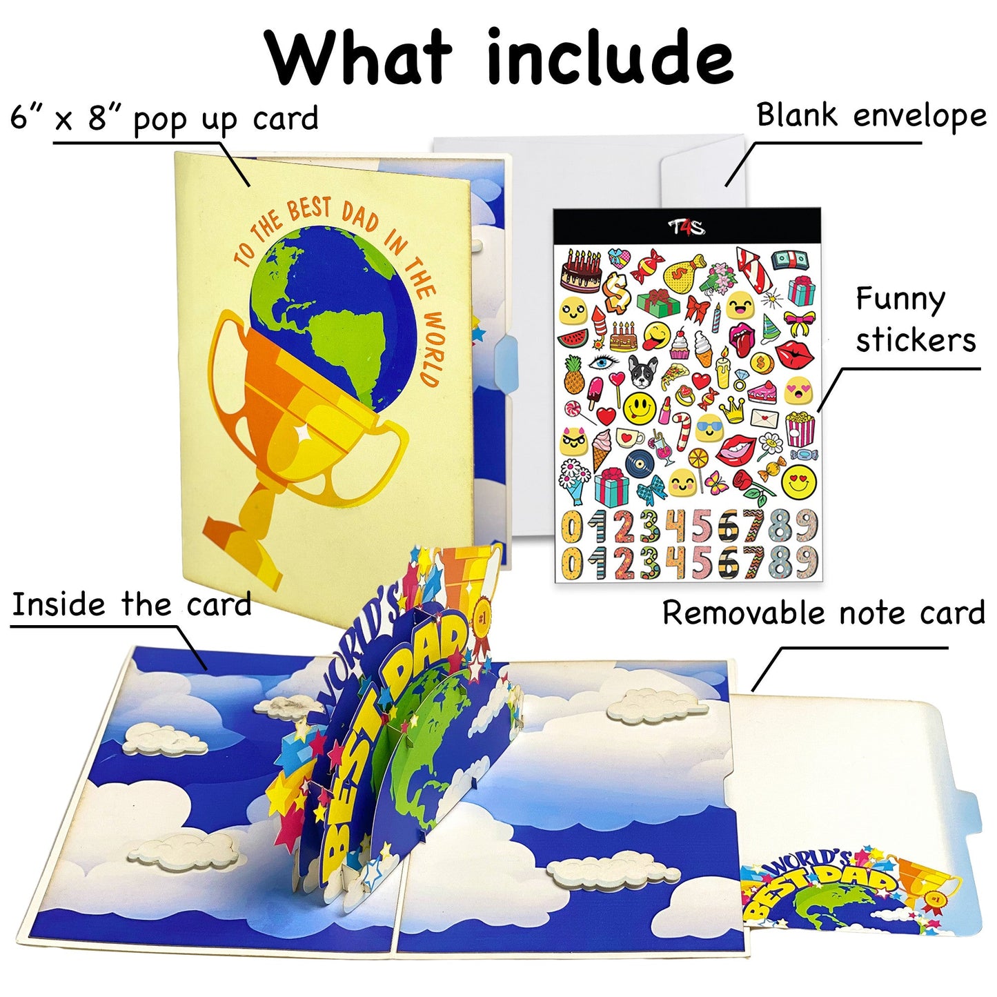 World's Best Dad Pop Up Card Colorful 3D Earth, Trophy, and Stars Design Fun Father's Day, Birthday Greeting Card for Dad, Stepdad, Grandpa, Kids to Father Gift, Appreciation or Celebration