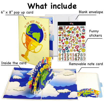 World's Best Dad Pop Up Card Colorful 3D Earth, Trophy, and Stars Design Fun Father's Day, Birthday Greeting Card for Dad, Stepdad, Grandpa, Kids to Father Gift, Appreciation or Celebration