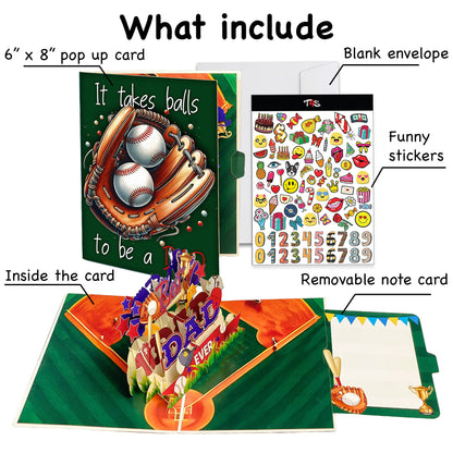 Best Dad Ever Baseball Pop Up Card 3D Sports Themed Greeting with Bat, Ball, Jerseys and Trophy Perfect Father's Day or Birthday Card for Dad, Coach, Grandpa, Baseball Fans, Sporty Dads