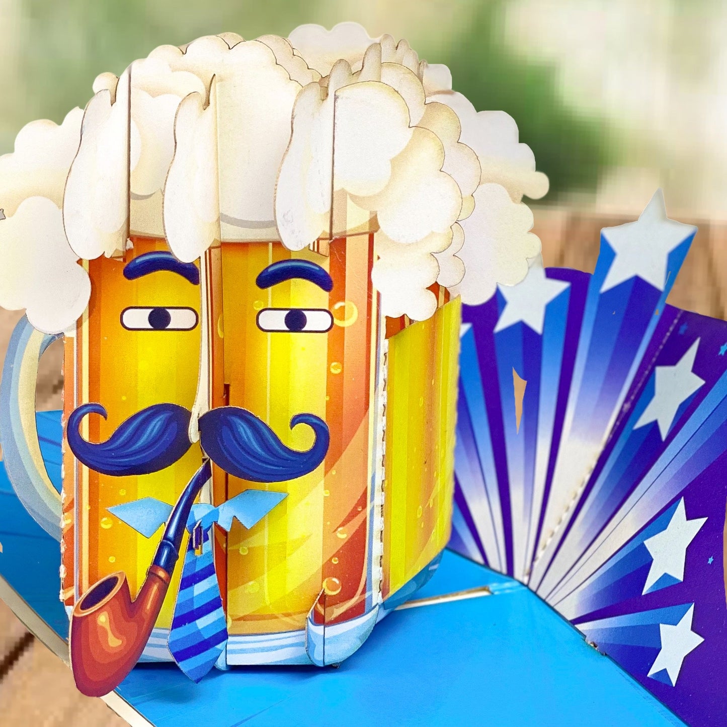 Pop Up Beer Mug Card Funny 3D Beer Glass with Mustache, Pipe and Tie Unique Father's Day, Birthday Greeting Card for Dad, Grandpa, Husband, Beer Lovers, Men with Sense of Humor