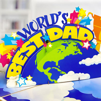 World's Best Dad Pop Up Card Colorful 3D Earth, Trophy, and Stars Design Fun Father's Day, Birthday Greeting Card for Dad, Stepdad, Grandpa, Kids to Father Gift, Appreciation or Celebration