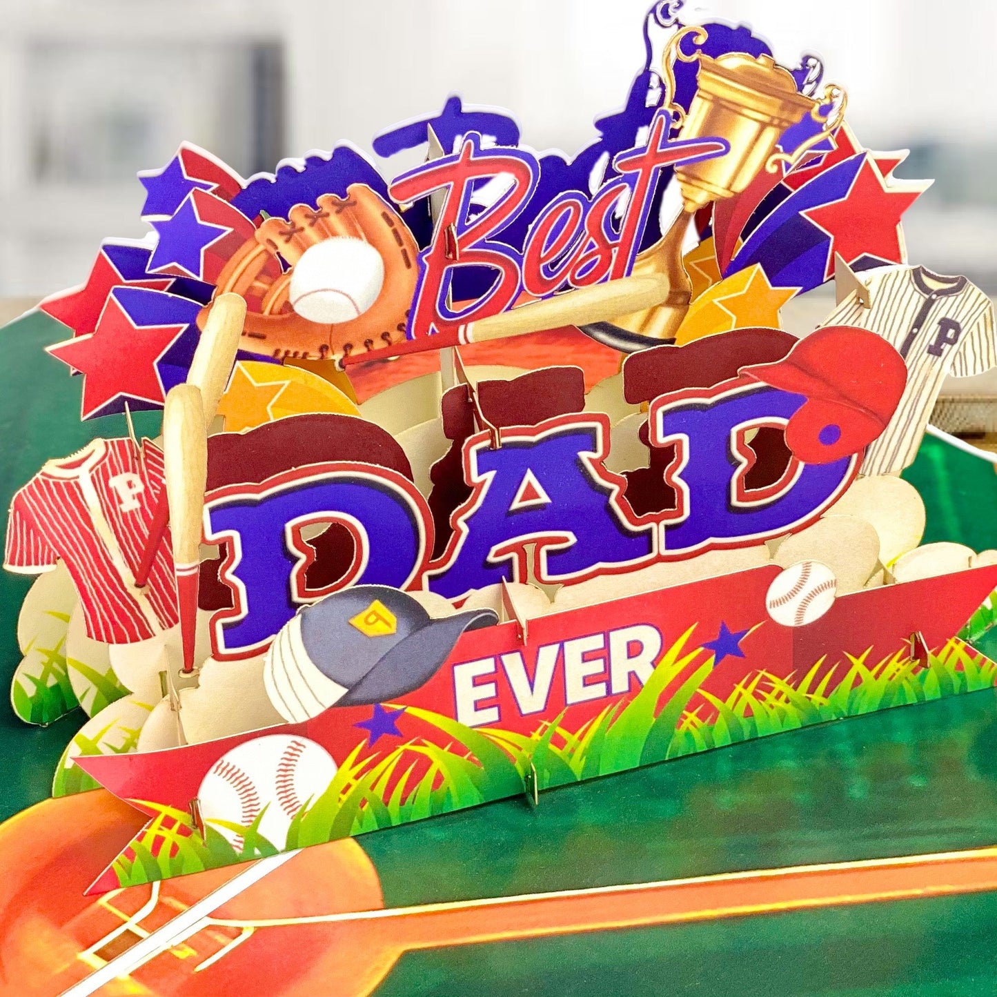 Best Dad Ever Baseball Pop Up Card 3D Sports Themed Greeting with Bat, Ball, Jerseys and Trophy Perfect Father's Day or Birthday Card for Dad, Coach, Grandpa, Baseball Fans, Sporty Dads