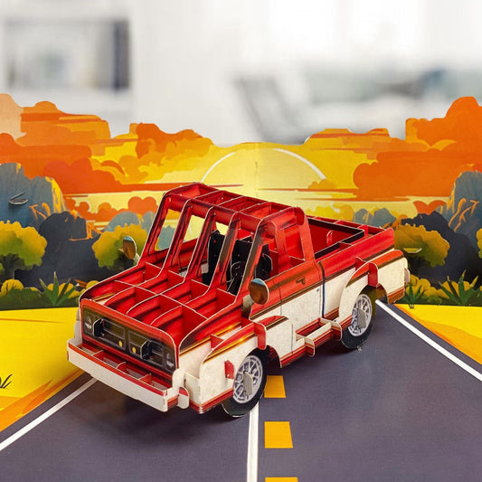 Pop Up Retro Truck Card 3D Classic Red Pickup on Sunset Road Perfect Father's Day, Birthday Greeting Card for Dad, Grandpa, Husband, Car Lovers, Vintage Auto Fans, Americana Style Men