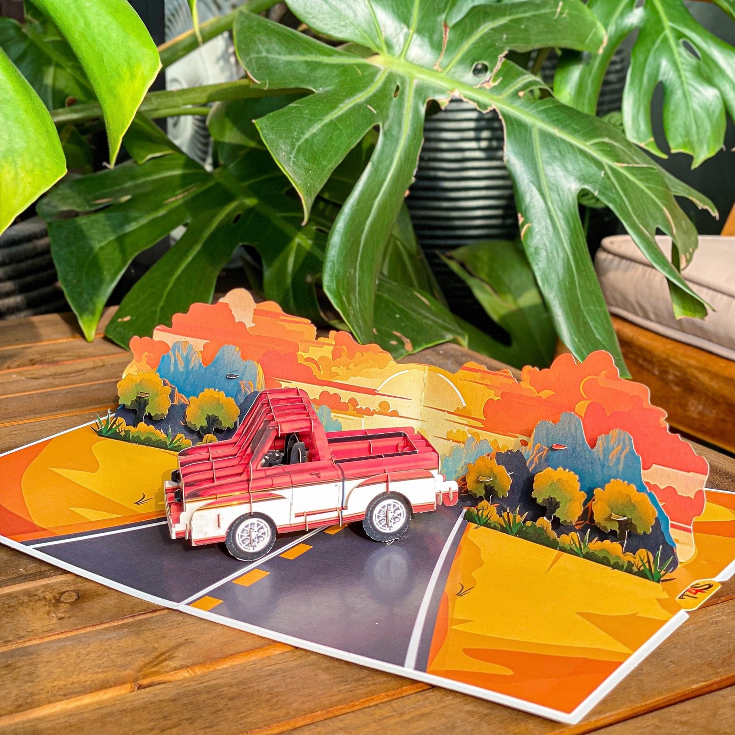 Pop Up Retro Truck Card 3D Classic Red Pickup on Sunset Road Perfect Father's Day, Birthday Greeting Card for Dad, Grandpa, Husband, Car Lovers, Vintage Auto Fans, Americana Style Men
