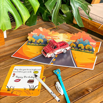 Pop Up Retro Truck Card 3D Classic Red Pickup on Sunset Road Perfect Father's Day, Birthday Greeting Card for Dad, Grandpa, Husband, Car Lovers, Vintage Auto Fans, Americana Style Men