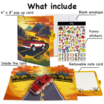 Pop Up Retro Truck Card 3D Classic Red Pickup on Sunset Road Perfect Father's Day, Birthday Greeting Card for Dad, Grandpa, Husband, Car Lovers, Vintage Auto Fans, Americana Style Men