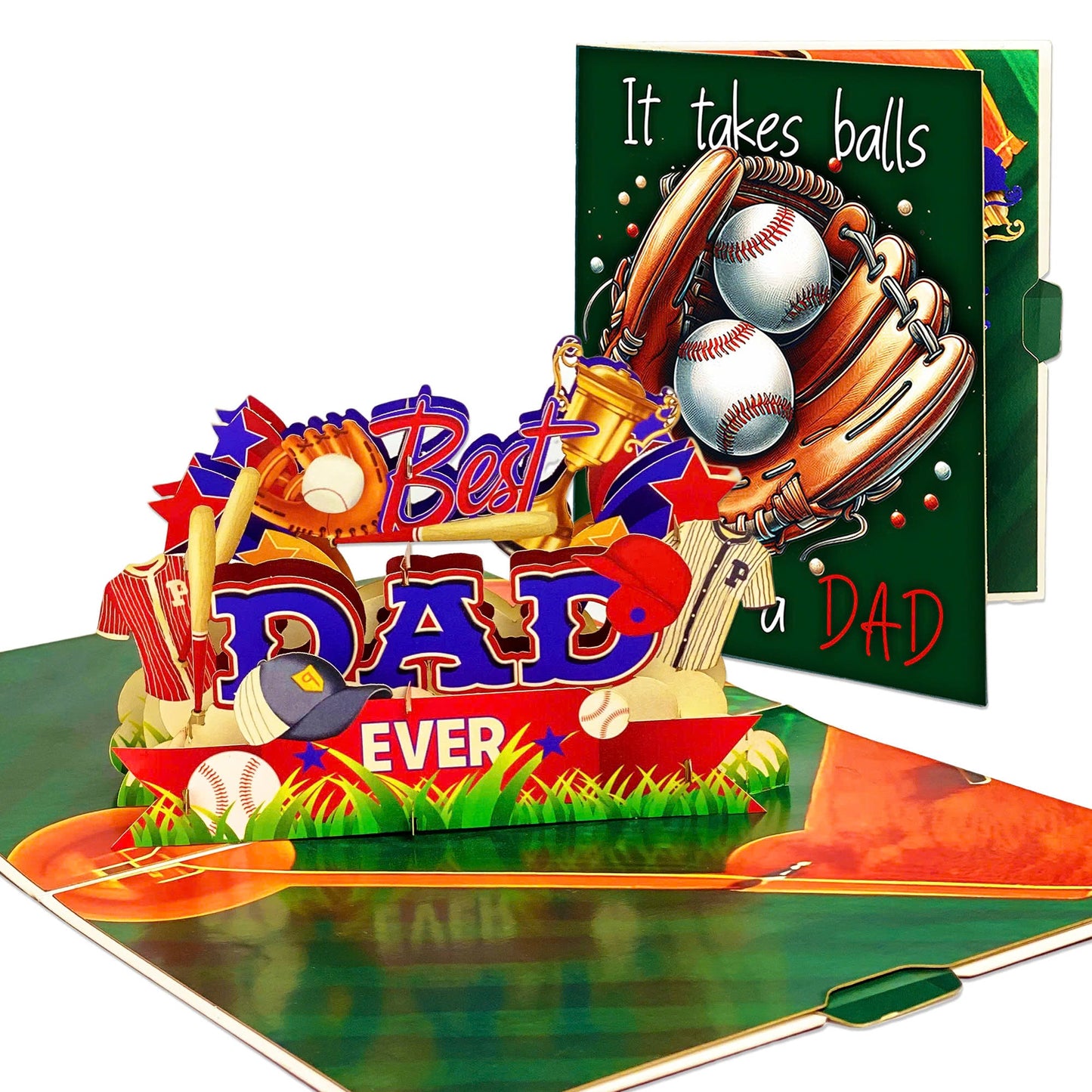 Best Dad Ever Baseball Pop Up Card 3D Sports Themed Greeting with Bat, Ball, Jerseys and Trophy Perfect Father's Day or Birthday Card for Dad, Coach, Grandpa, Baseball Fans, Sporty Dads
