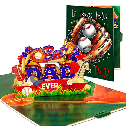 Best Dad Ever Baseball Pop Up Card 3D Sports Themed Greeting with Bat, Ball, Jerseys and Trophy Perfect Father's Day or Birthday Card for Dad, Coach, Grandpa, Baseball Fans, Sporty Dads