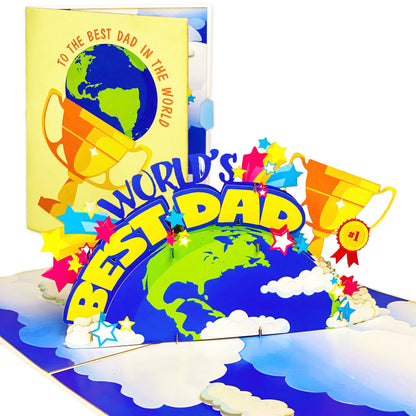 World's Best Dad Pop Up Card Colorful 3D Earth, Trophy, and Stars Design Fun Father's Day, Birthday Greeting Card for Dad, Stepdad, Grandpa, Kids to Father Gift, Appreciation or Celebration