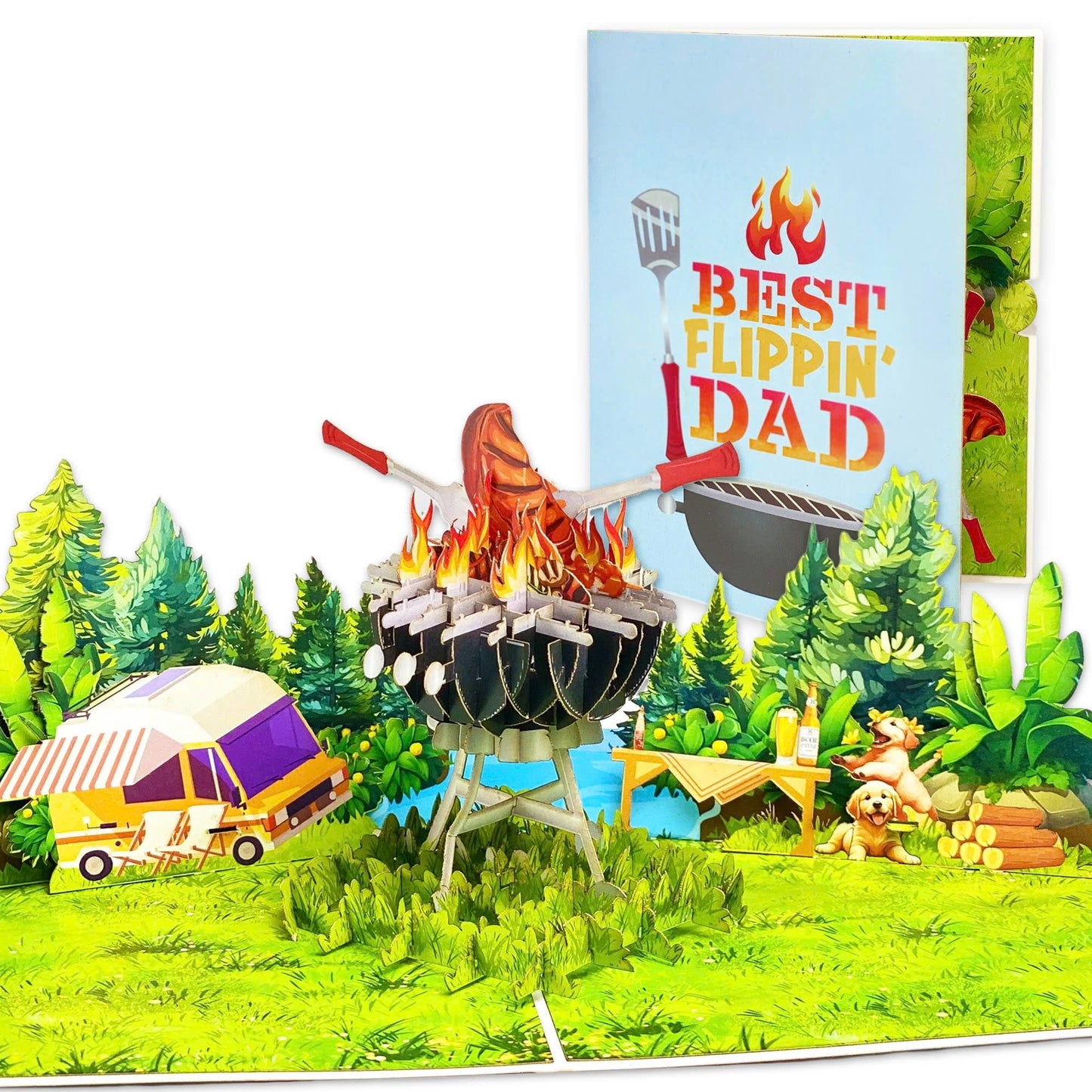 Best Flippin' Dad Pop Up Card Funny 3D BBQ Grill Scene with Steak, Fire and Camper Perfect Father's Day or Birthday Card for Dad, Husband, Grill Masters, Backyard Chefs, Dog Dads