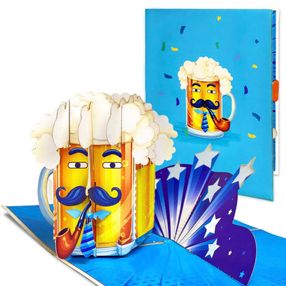 Pop Up Beer Mug Card Funny 3D Beer Glass with Mustache, Pipe and Tie Unique Father's Day, Birthday Greeting Card for Dad, Grandpa, Husband, Beer Lovers, Men with Sense of Humor