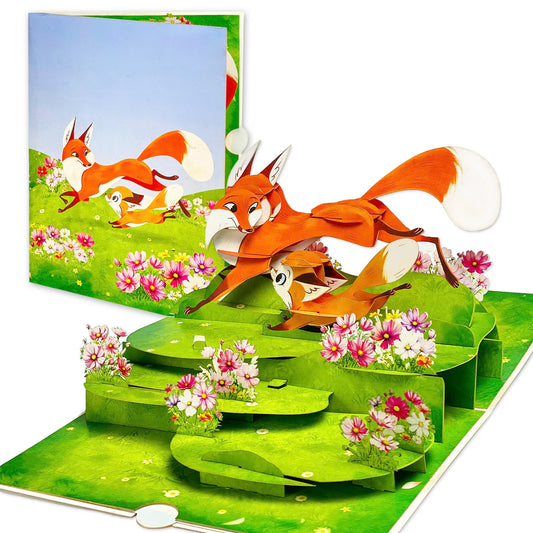 Fox Family Pop Up Card 3D Mother Fox Playing with Baby Foxes in Flower Meadow Wholesome Mother's Day, Birthday, Just Because Greeting Card for Mom, Wife, Her, Nature and Animal Lovers Visit the T4s Store