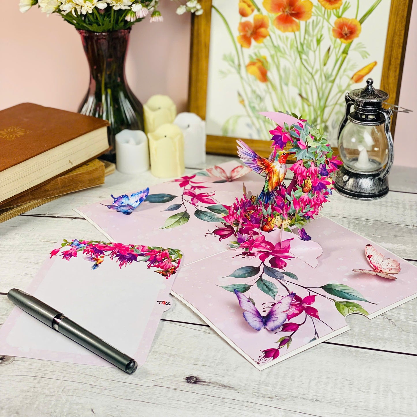Hummingbird Pop Up Card 3D Colorful Bird with Crescent Floral Ring and Lotus Flowers Elegant Mother's Day, Birthday, Thank You Greeting Card for Women, Nature Lovers, Mom, Grandma, Her