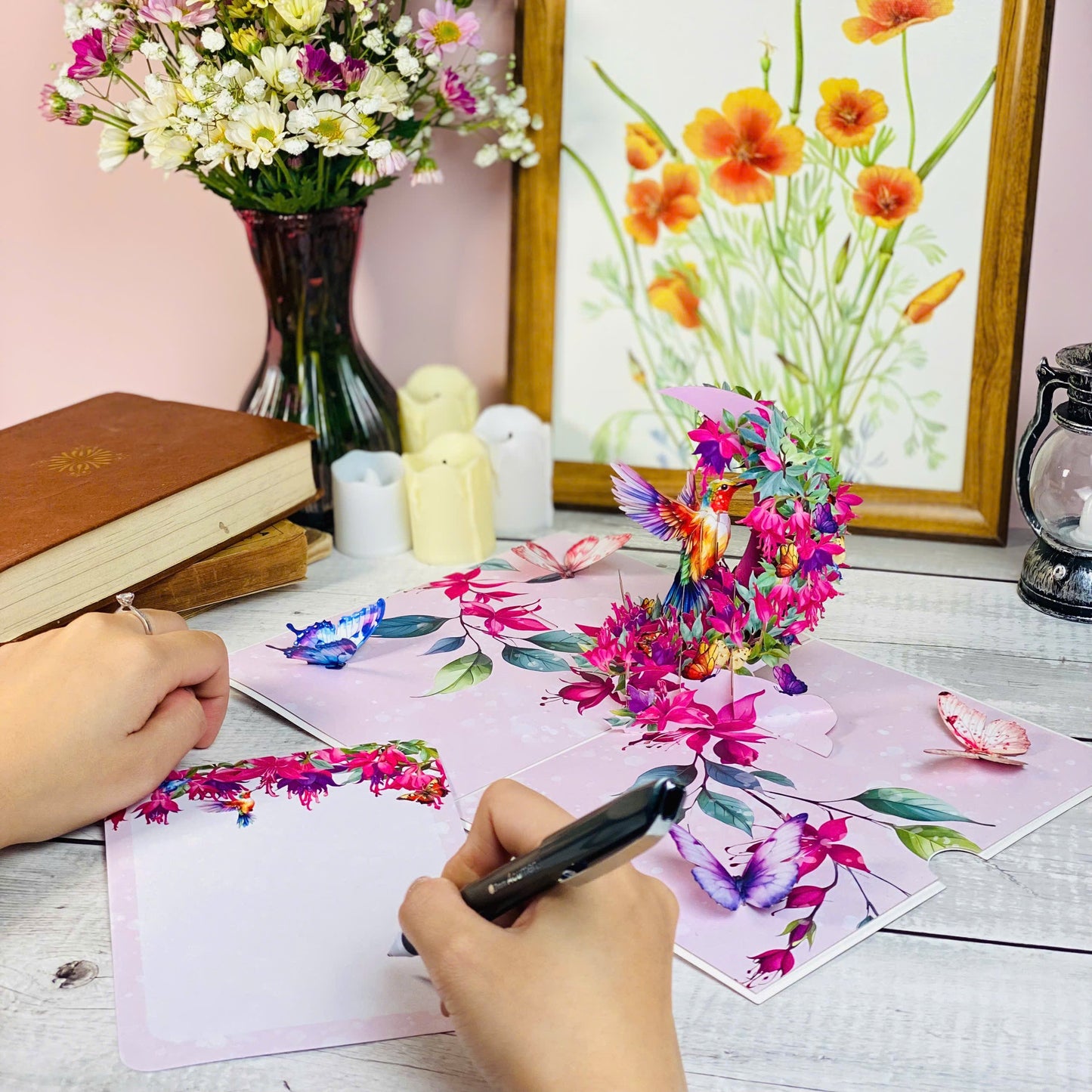 Hummingbird Pop Up Card 3D Colorful Bird with Crescent Floral Ring and Lotus Flowers Elegant Mother's Day, Birthday, Thank You Greeting Card for Women, Nature Lovers, Mom, Grandma, Her