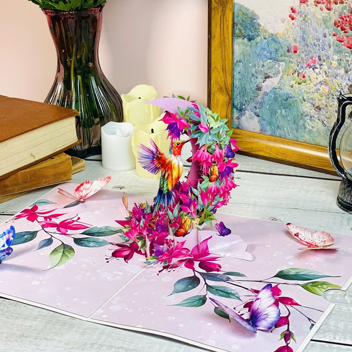 Hummingbird Pop Up Card 3D Colorful Bird with Crescent Floral Ring and Lotus Flowers Elegant Mother's Day, Birthday, Thank You Greeting Card for Women, Nature Lovers, Mom, Grandma, Her