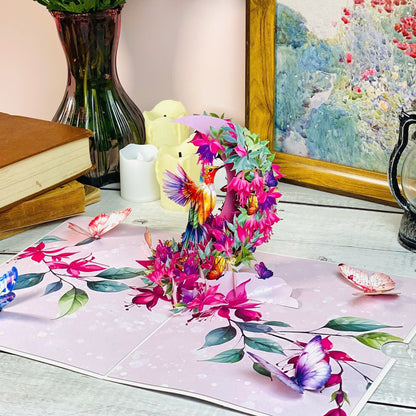 Hummingbird Pop Up Card 3D Colorful Bird with Crescent Floral Ring and Lotus Flowers Elegant Mother's Day, Birthday, Thank You Greeting Card for Women, Nature Lovers, Mom, Grandma, Her