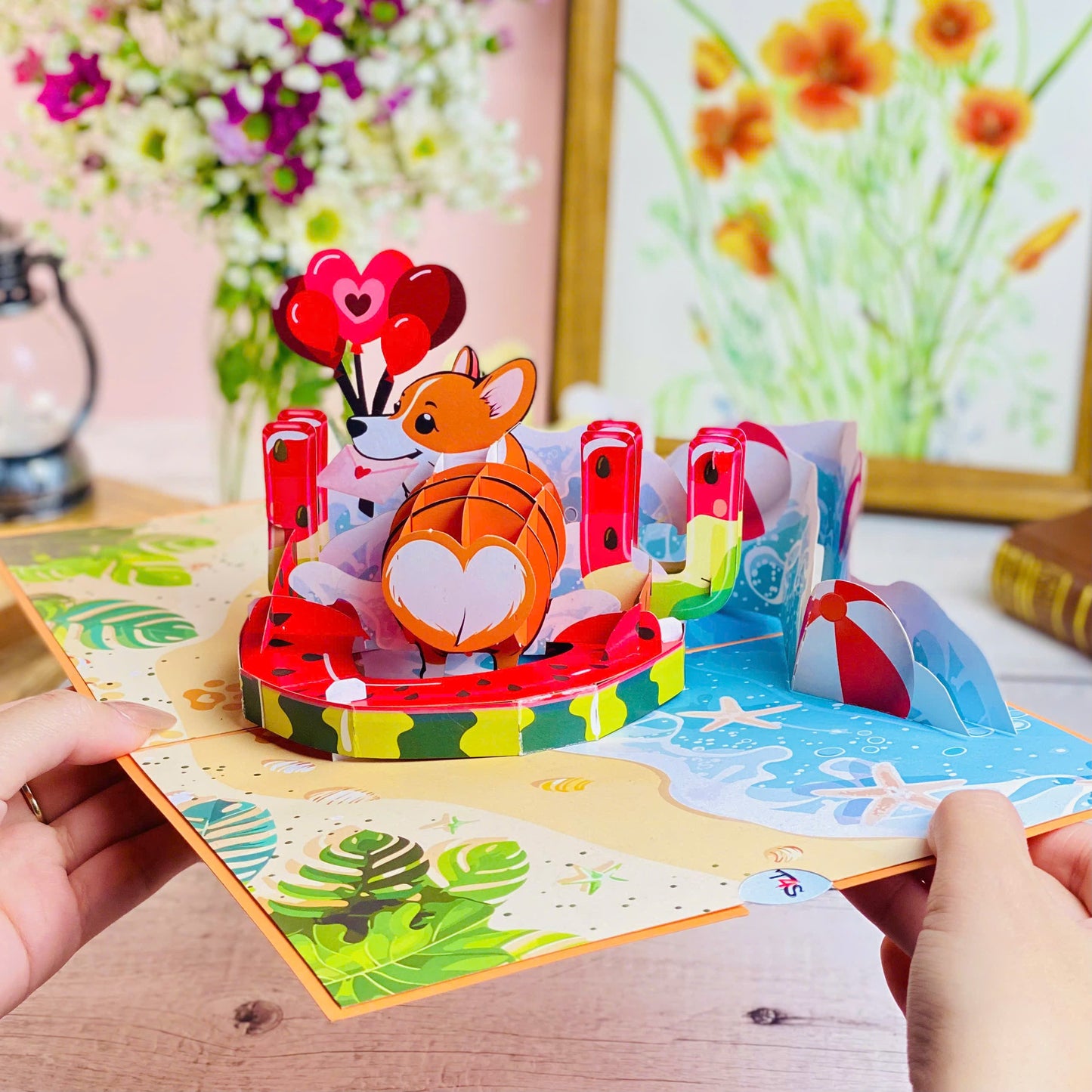 Corgi Beach Pop Up Card Funny 3D Dog in Heart Floatie with Balloons and Waves Cute Birthday, Valentine, Just Because Greeting Card for Dog Lovers, Her, Girlfriend, Kids, Animal Fans