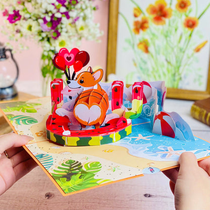 Corgi Beach Pop Up Card Funny 3D Dog in Heart Floatie with Balloons and Waves Cute Birthday, Valentine, Just Because Greeting Card for Dog Lovers, Her, Girlfriend, Kids, Animal Fans