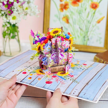 Floral Basket Pop Up Card 3D Rustic Wooden Flower Box with Sunflowers, Roses, and Hummingbird Heartfelt Mother's Day, Birthday, Thank You Greeting Card for Mom, Grandma, Wife, Her