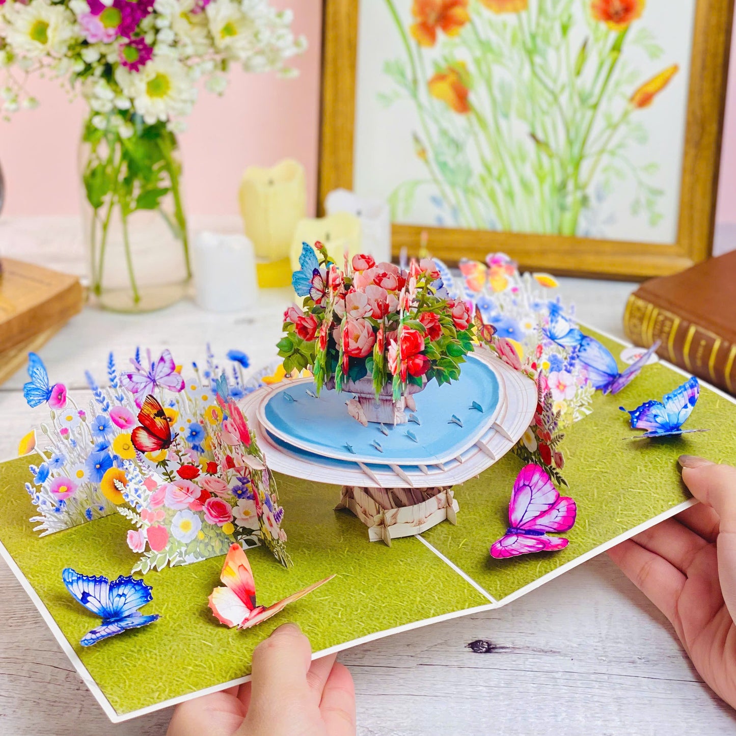 Garden Fountain Pop Up Card 3D Floral Water Feature with Butterflies and Roses Elegant Mother's Day, Birthday, Thank You, Anniversary Greeting Card for Mom, Wife, Grandma, Her