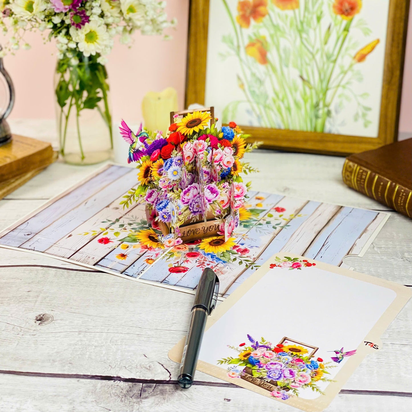 Floral Basket Pop Up Card 3D Rustic Wooden Flower Box with Sunflowers, Roses, and Hummingbird Heartfelt Mother's Day, Birthday, Thank You Greeting Card for Mom, Grandma, Wife, Her