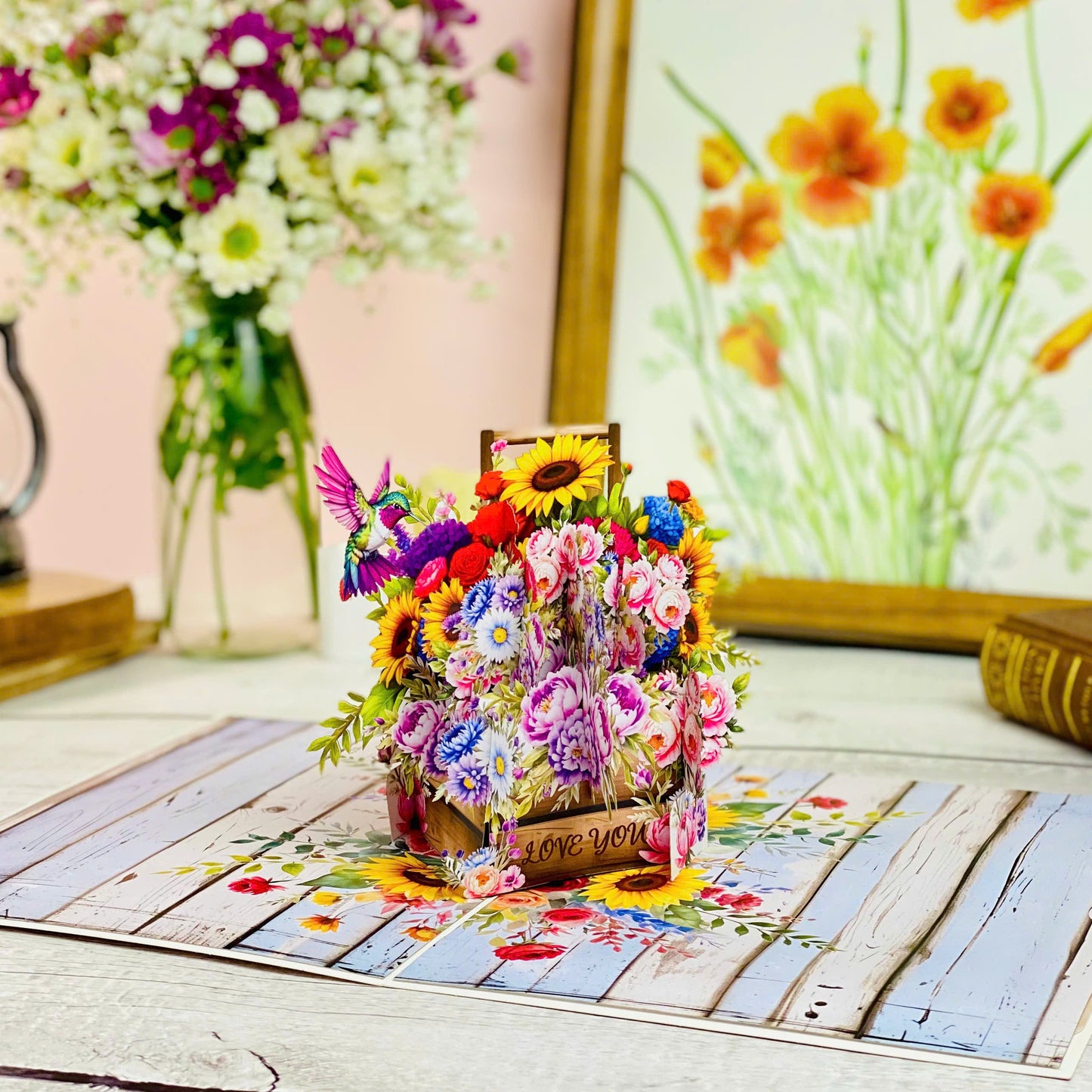 Floral Basket Pop Up Card 3D Rustic Wooden Flower Box with Sunflowers, Roses, and Hummingbird Heartfelt Mother's Day, Birthday, Thank You Greeting Card for Mom, Grandma, Wife, Her
