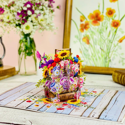 Floral Basket Pop Up Card 3D Rustic Wooden Flower Box with Sunflowers, Roses, and Hummingbird Heartfelt Mother's Day, Birthday, Thank You Greeting Card for Mom, Grandma, Wife, Her