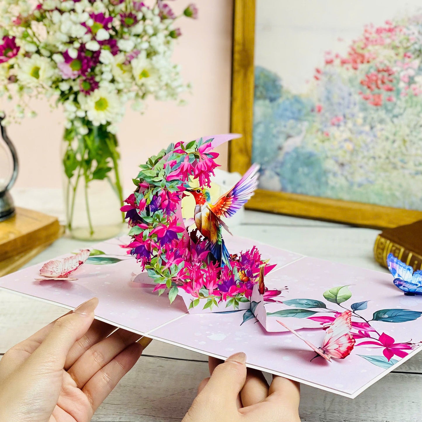 Hummingbird Pop Up Card 3D Colorful Bird with Crescent Floral Ring and Lotus Flowers Elegant Mother's Day, Birthday, Thank You Greeting Card for Women, Nature Lovers, Mom, Grandma, Her