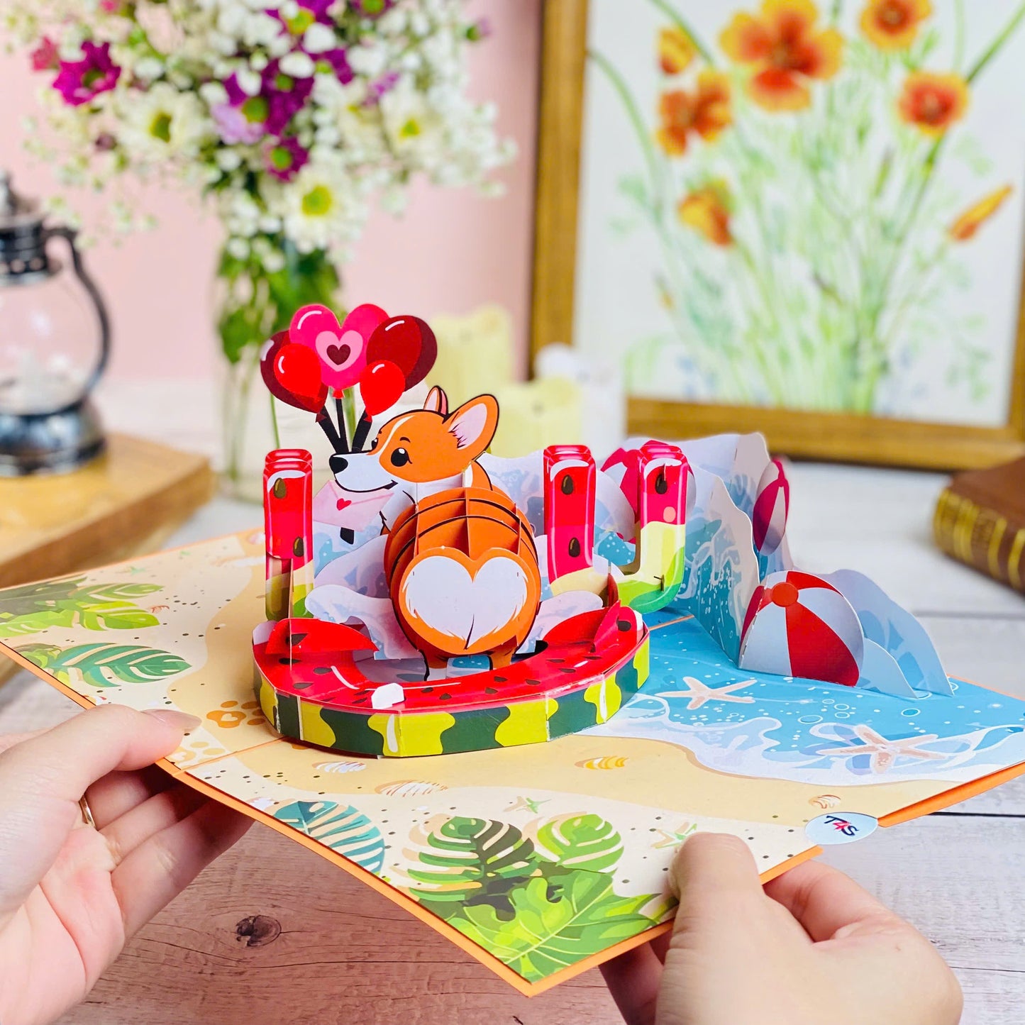 Corgi Beach Pop Up Card Funny 3D Dog in Heart Floatie with Balloons and Waves Cute Birthday, Valentine, Just Because Greeting Card for Dog Lovers, Her, Girlfriend, Kids, Animal Fans
