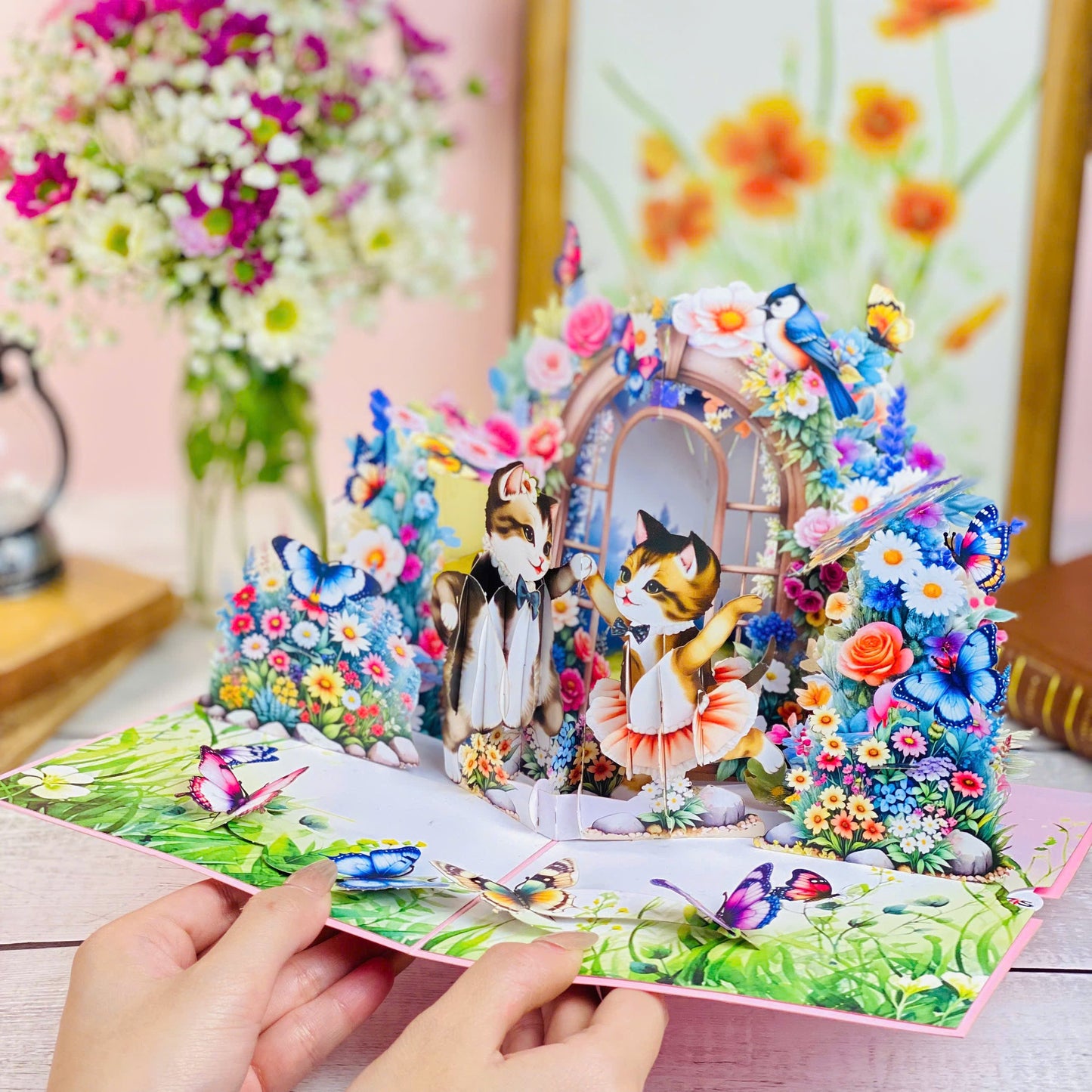 Dancing Cats Pop Up Card 3D Ballerina Kittens in Magical Garden with Flowers and Butterflies Whimsical Birthday, Valentine, or Just Because Greeting Card for Her, Cat Lovers, Kids