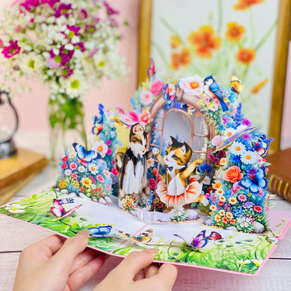 Dancing Cats Pop Up Card 3D Ballerina Kittens in Magical Garden with Flowers and Butterflies Whimsical Birthday, Valentine, or Just Because Greeting Card for Her, Cat Lovers, Kids