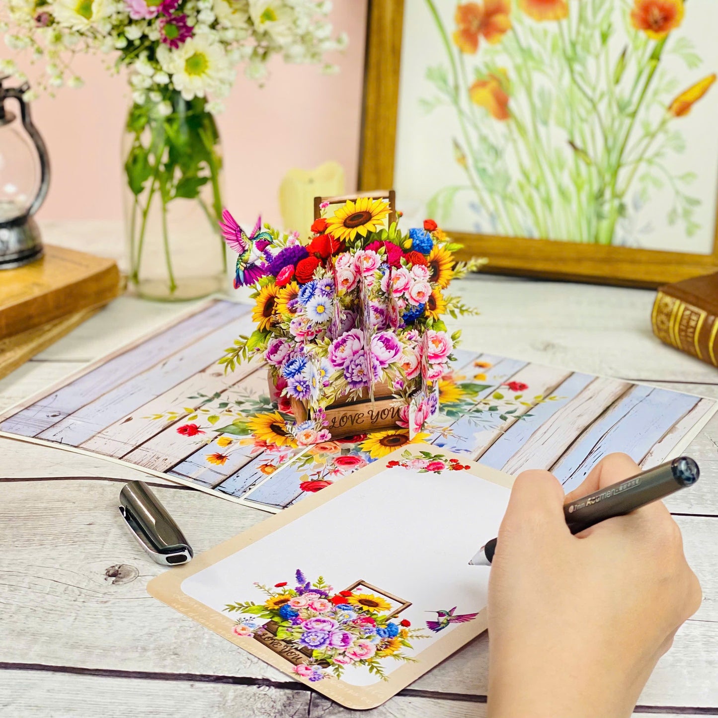 Floral Basket Pop Up Card 3D Rustic Wooden Flower Box with Sunflowers, Roses, and Hummingbird Heartfelt Mother's Day, Birthday, Thank You Greeting Card for Mom, Grandma, Wife, Her