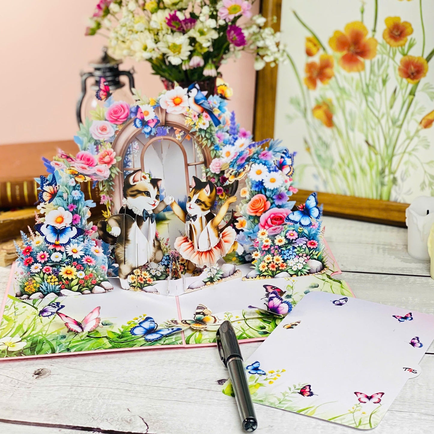 Dancing Cats Pop Up Card 3D Ballerina Kittens in Magical Garden with Flowers and Butterflies Whimsical Birthday, Valentine, or Just Because Greeting Card for Her, Cat Lovers, Kids
