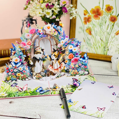Dancing Cats Pop Up Card 3D Ballerina Kittens in Magical Garden with Flowers and Butterflies Whimsical Birthday, Valentine, or Just Because Greeting Card for Her, Cat Lovers, Kids