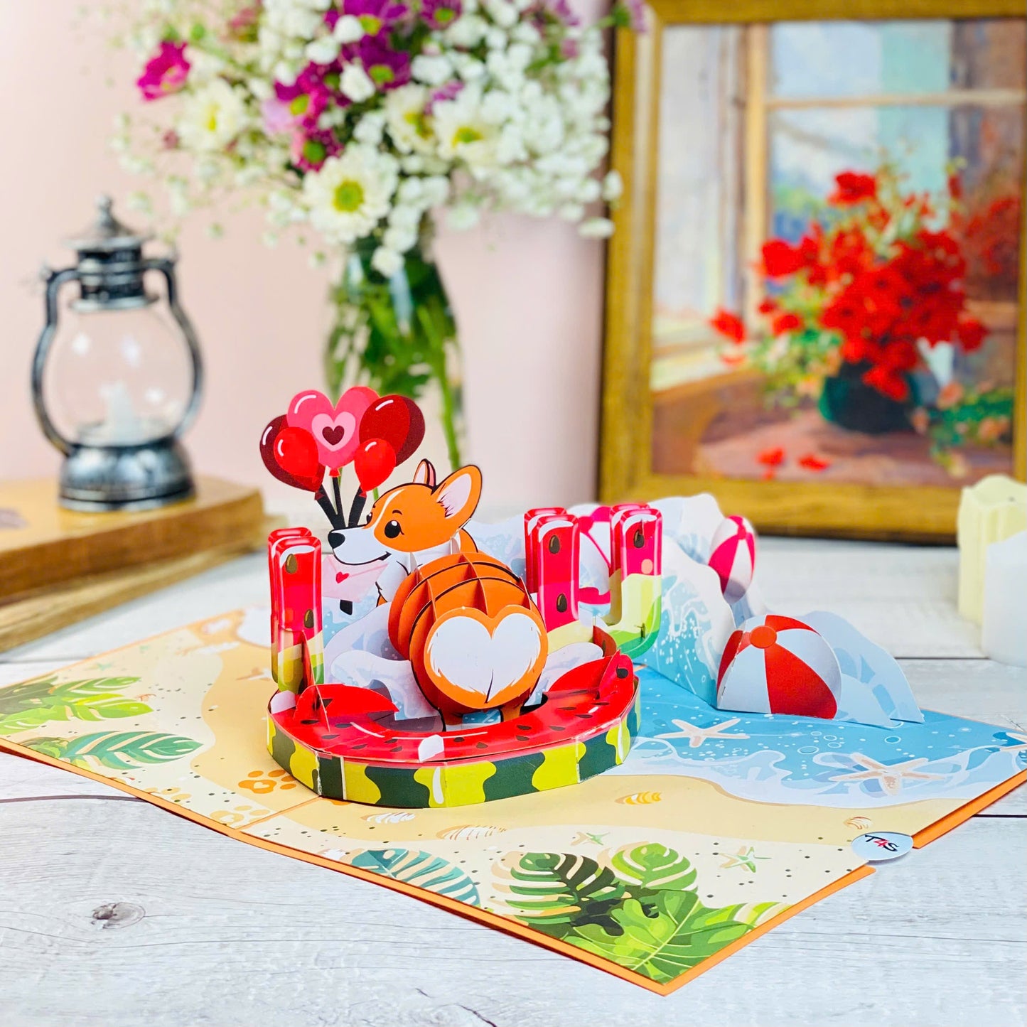 Corgi Beach Pop Up Card Funny 3D Dog in Heart Floatie with Balloons and Waves Cute Birthday, Valentine, Just Because Greeting Card for Dog Lovers, Her, Girlfriend, Kids, Animal Fans