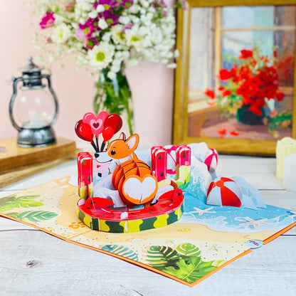 Corgi Beach Pop Up Card Funny 3D Dog in Heart Floatie with Balloons and Waves Cute Birthday, Valentine, Just Because Greeting Card for Dog Lovers, Her, Girlfriend, Kids, Animal Fans
