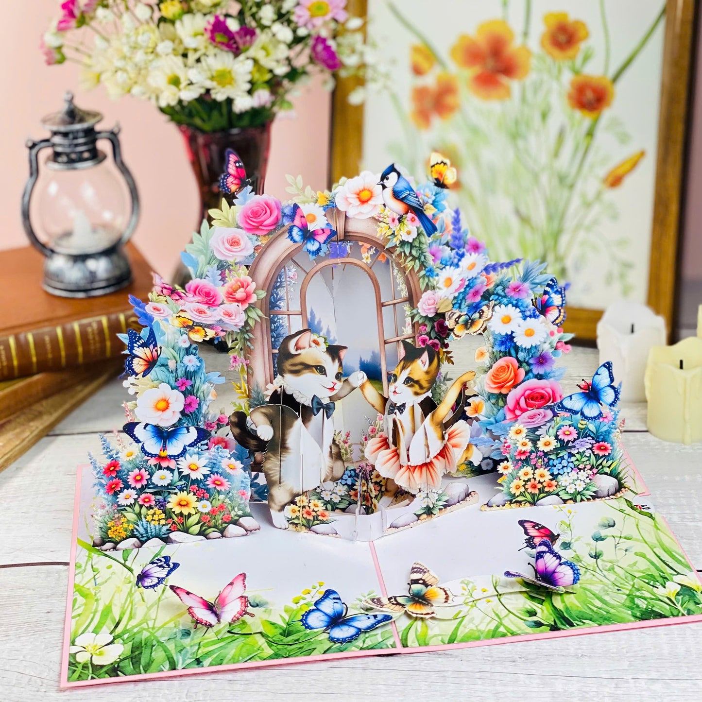 Dancing Cats Pop Up Card 3D Ballerina Kittens in Magical Garden with Flowers and Butterflies Whimsical Birthday, Valentine, or Just Because Greeting Card for Her, Cat Lovers, Kids