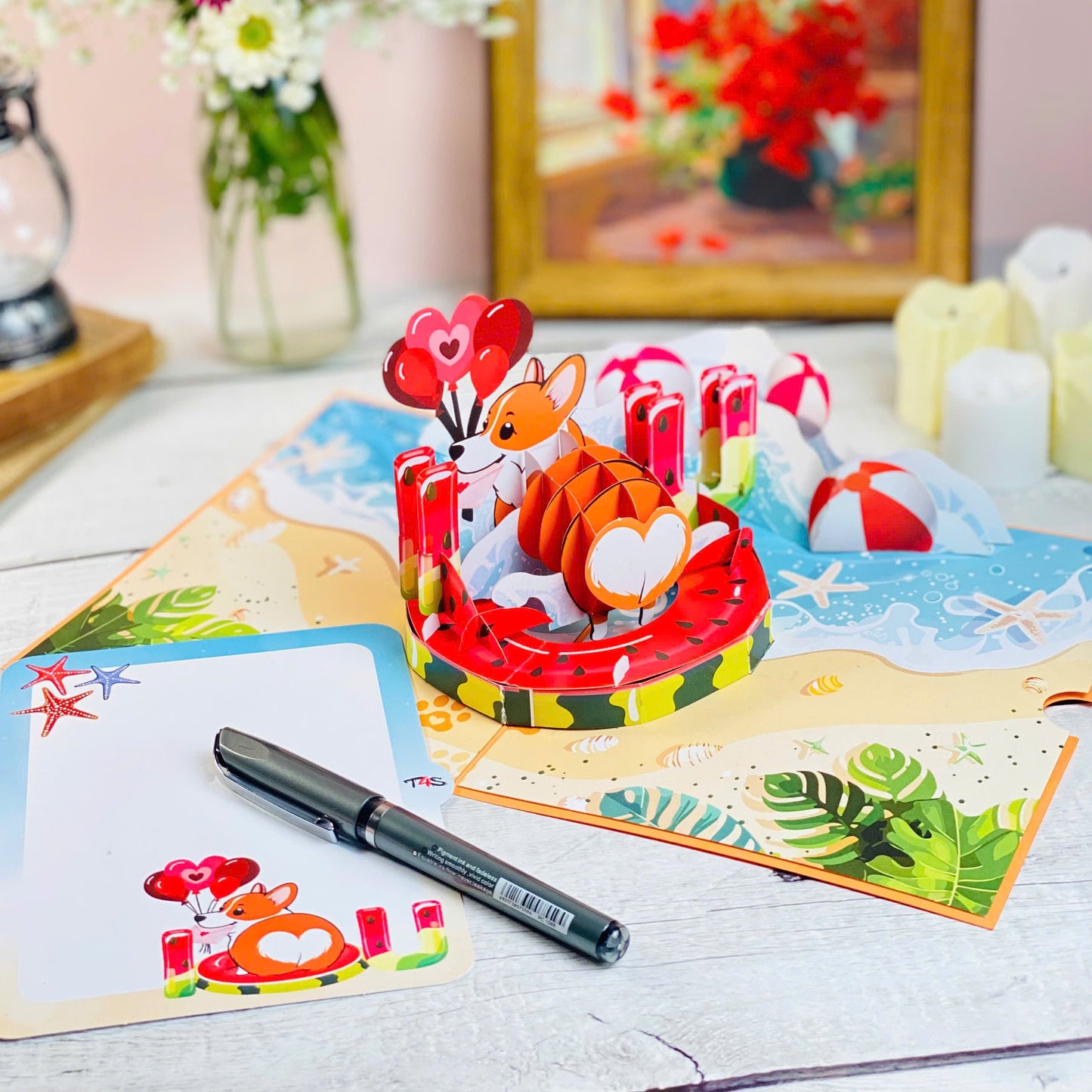 Corgi Beach Pop Up Card Funny 3D Dog in Heart Floatie with Balloons and Waves Cute Birthday, Valentine, Just Because Greeting Card for Dog Lovers, Her, Girlfriend, Kids, Animal Fans
