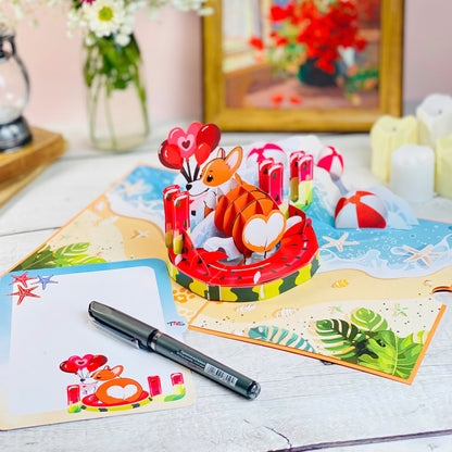 Corgi Beach Pop Up Card Funny 3D Dog in Heart Floatie with Balloons and Waves Cute Birthday, Valentine, Just Because Greeting Card for Dog Lovers, Her, Girlfriend, Kids, Animal Fans