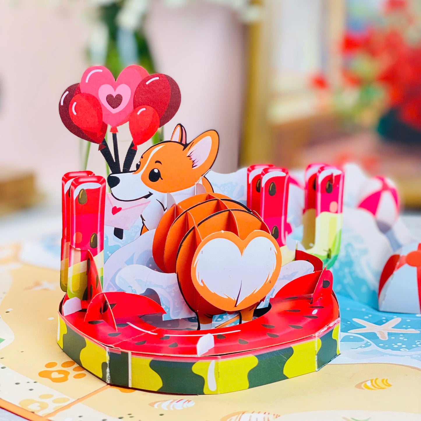 Corgi Beach Pop Up Card Funny 3D Dog in Heart Floatie with Balloons and Waves Cute Birthday, Valentine, Just Because Greeting Card for Dog Lovers, Her, Girlfriend, Kids, Animal Fans