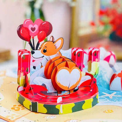 Corgi Beach Pop Up Card Funny 3D Dog in Heart Floatie with Balloons and Waves Cute Birthday, Valentine, Just Because Greeting Card for Dog Lovers, Her, Girlfriend, Kids, Animal Fans