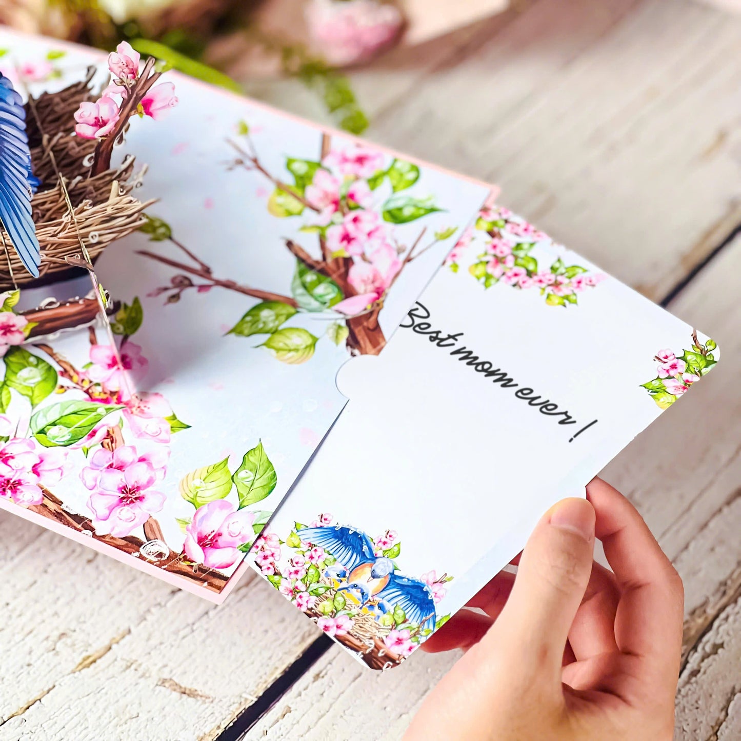 Mother Bird Pop Up Card 3D Bluebird Nest with Baby Birds and Pink Blossoms Heartwarming Mother's Day, Birthday, Thank You Greeting Card for Mom, Grandma, Wife, Her, Nature Lovers