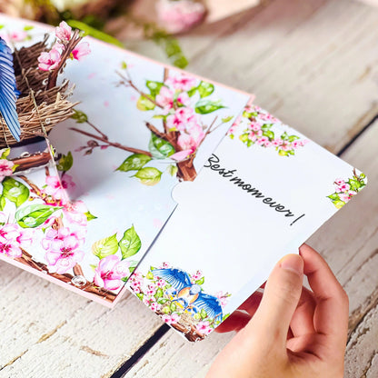 Mother Bird Pop Up Card 3D Bluebird Nest with Baby Birds and Pink Blossoms Heartwarming Mother's Day, Birthday, Thank You Greeting Card for Mom, Grandma, Wife, Her, Nature Lovers