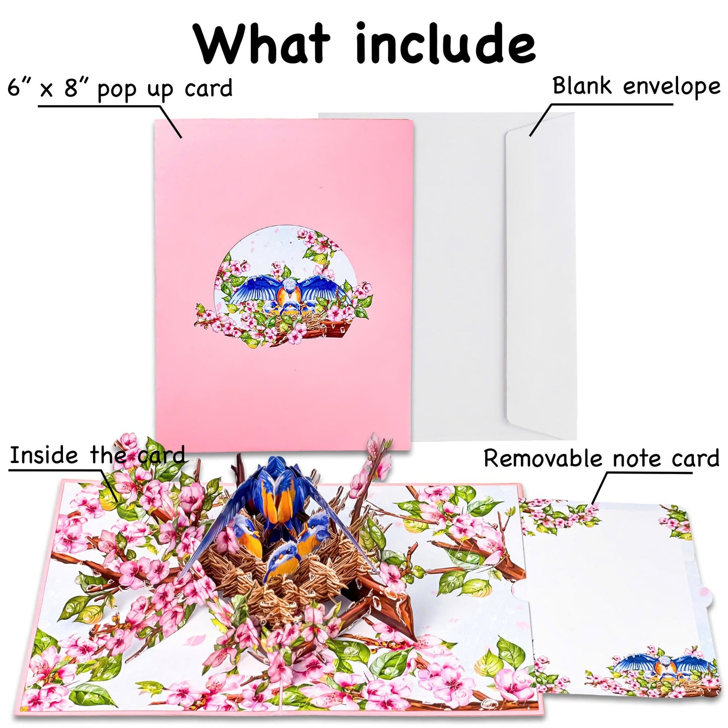Mother Bird Pop Up Card 3D Bluebird Nest with Baby Birds and Pink Blossoms Heartwarming Mother's Day, Birthday, Thank You Greeting Card for Mom, Grandma, Wife, Her, Nature Lovers