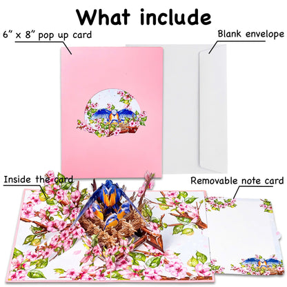 Mother Bird Pop Up Card 3D Bluebird Nest with Baby Birds and Pink Blossoms Heartwarming Mother's Day, Birthday, Thank You Greeting Card for Mom, Grandma, Wife, Her, Nature Lovers