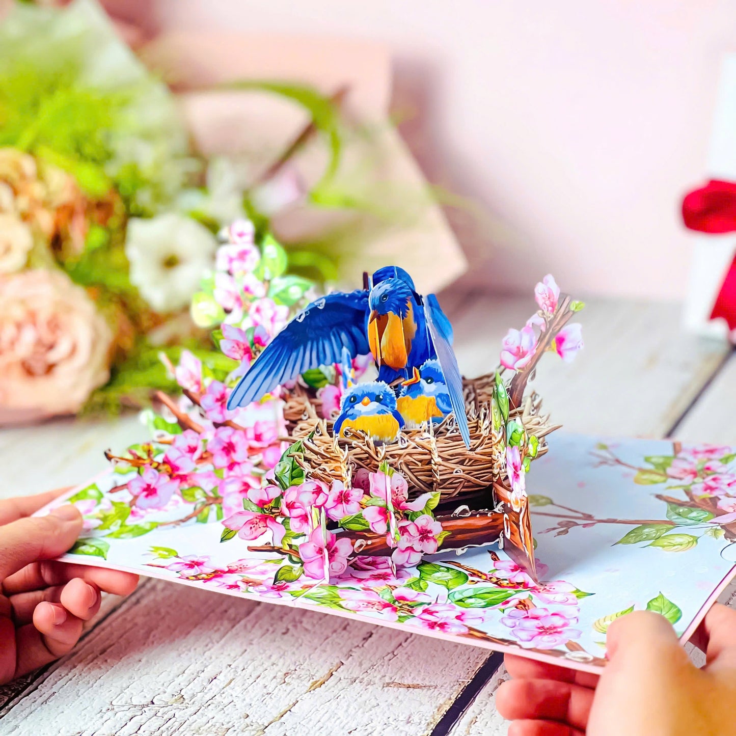 Mother Bird Pop Up Card 3D Bluebird Nest with Baby Birds and Pink Blossoms Heartwarming Mother's Day, Birthday, Thank You Greeting Card for Mom, Grandma, Wife, Her, Nature Lovers