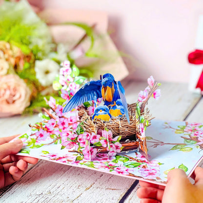 Mother Bird Pop Up Card 3D Bluebird Nest with Baby Birds and Pink Blossoms Heartwarming Mother's Day, Birthday, Thank You Greeting Card for Mom, Grandma, Wife, Her, Nature Lovers