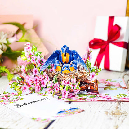 Mother Bird Pop Up Card 3D Bluebird Nest with Baby Birds and Pink Blossoms Heartwarming Mother's Day, Birthday, Thank You Greeting Card for Mom, Grandma, Wife, Her, Nature Lovers
